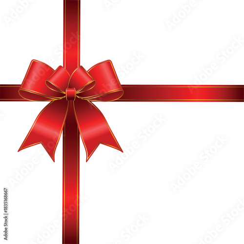 Vector decorative shiny gift red ribbon with tied bow, design element isolated on white background	
