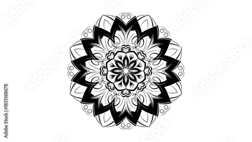 Intricate floral mandala design showcasing detailed geometric patterns and symmetry in black and