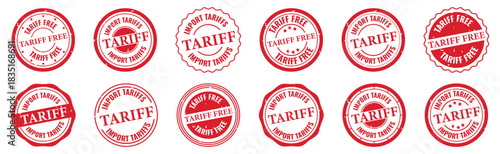 Round stamp with bold tariff and tariff free text. Distressed textures add a worn official style to each emblem. Strong circular shapes create clear recognizable label