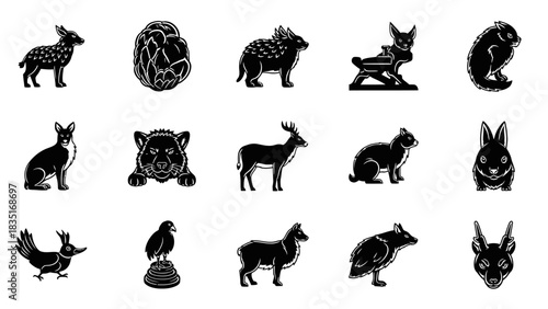 Monochrome vector illustration featuring a diverse set of animal icons on white isolated backdrop