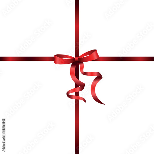 Vector decorative shiny gift red ribbon with tied bow, design element isolated on white background	
