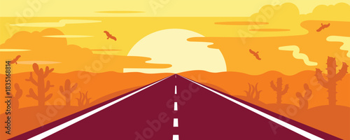 Desert road leads into a bright sunset with warm orange tones. The scene shows soft clouds and distant cactus silhouettes