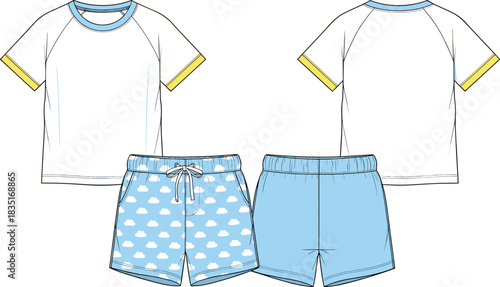 Cute cloud print summer pajama set with short sleeve top and drawstring shorts, front and back fashion flat illustration