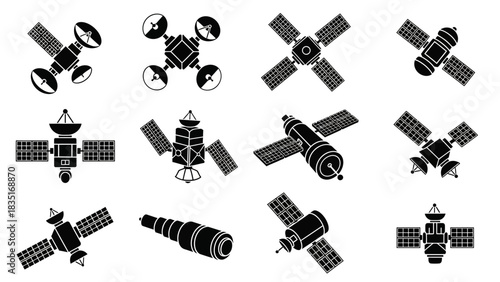 Monochrome Illustration of Satellites and Telescope Set Against White Background