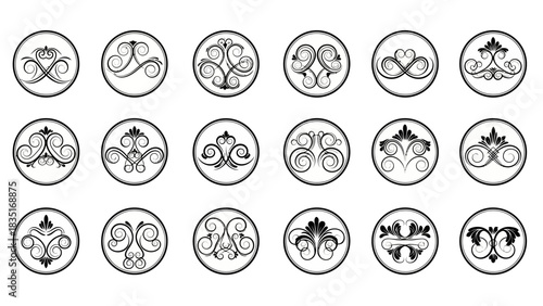 Elegant collection of black and white circular decorative elements featuring floral and swirl motifs