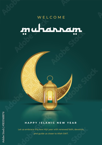 An elegant Islamic New Year (1 Muharram) greeting poster featuring a golden crescent moon, Arabic-inspired typography, and illuminated gold lanterns.