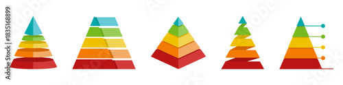 Multilevel pyramid shapes with bright layered segments in warm and cool tones. Each form shows a structured step arrangement for clear visual hierarchy