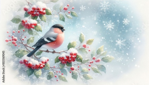Gimpel sitzt auf verschneitem Zweig mit roten Beeren im zarten Aquarellstil und schafft poetische natürliche Winterstimmung für Karten Poster und Designs Generative KI