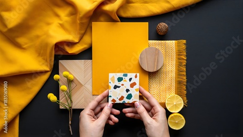 Hands Holding Terrazzo Tile Amidst Sunny Yellow Design Elements on Dark Background
