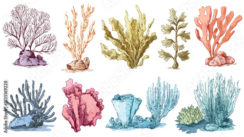 Diverse Seaweed and Corals Collection Vector Illustration