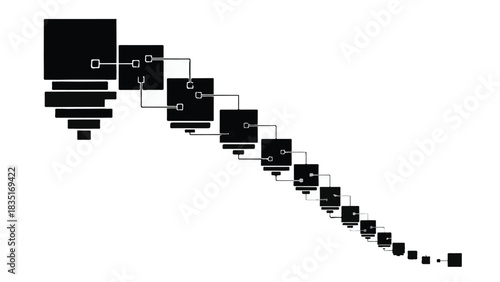 Abstract visual representation of a decreasing sequence of interconnected geometric shapes against a white background.