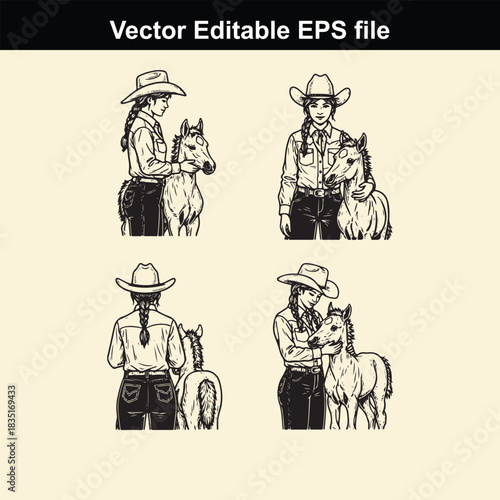 collection of four black and white vector illustrations depicting cowgirls in western attire affectionately posing with their young horses or foals from various angles