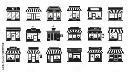 Set of various cafe and shop facade front view modern flat design illustration