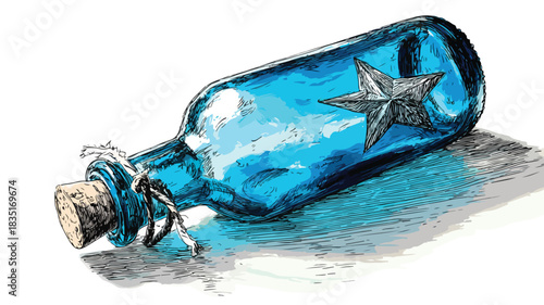 Glamorous Blue Bottle with Star Vector Outlined Illustration for Designs