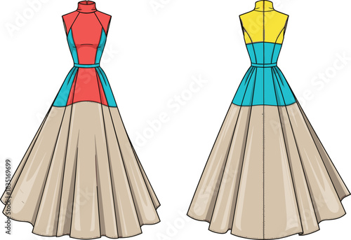Elegant fashion dress front and back view with color block bodice, flared beige skirt, high neckline, hourglass silhouette vector