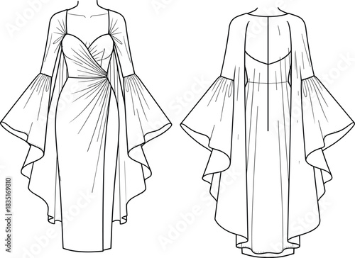 Elegant fashion illustration of draped dress design with voluminous sleeves, sweetheart neckline, front and back view garment construction details