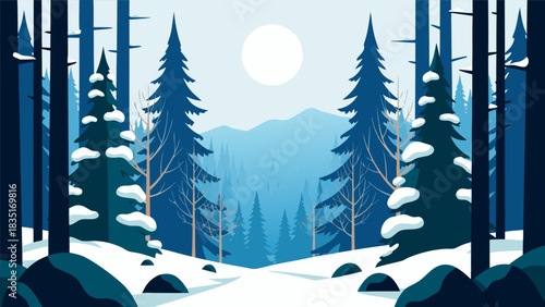 Winter forest landscape illustration with snow-covered trees and mountains under a clear blue sky