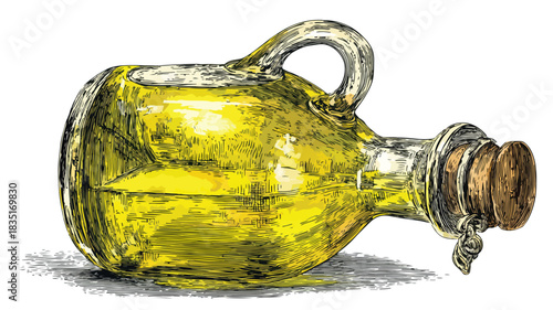 Elegant Drawing of Olive Oil Bottle with Handle Vector Illustration