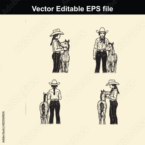 collection of four vector editable eps file illustrations depicting cowgirls in western attire interacting with small horses or foals in various poses, suitable for western theme design