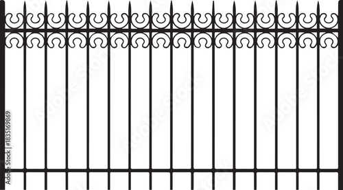 “Decorative black wrought iron fence pattern ideal for borders, security, and design use.”