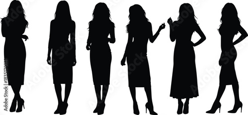Elegant female silhouettes in stylish dresses and heels showcasing diverse fashion poses for modern art, character design, and branding concepts