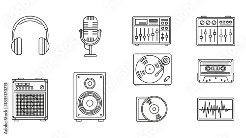 Monochrome line art illustration of audio equipment including headphones microphone and other
