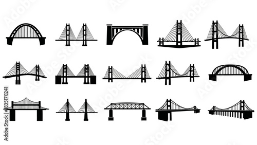Collection of assorted bridges black silhouettes, a set of iconic bridges worldwide for designers