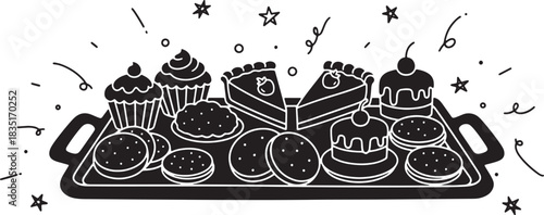 Festive tray full of cakes muffins pies and cookies monochrome illustration