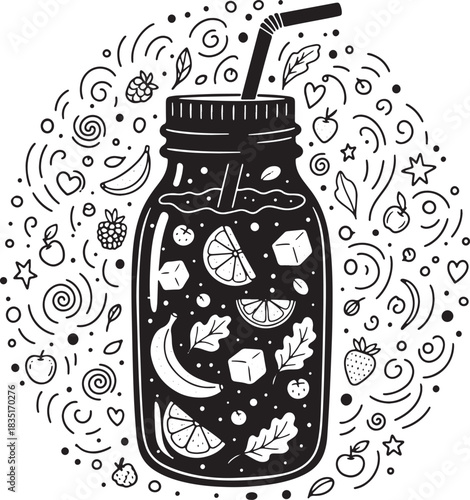 Fresh fruit smoothie in jar with straw and abstract elements