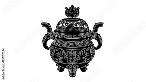 Ornate Chinese incense burner silhouette with traditional design elements meticulously illustrated