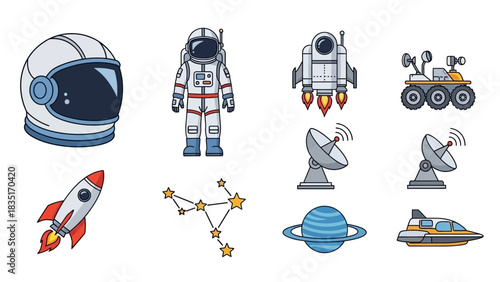 Various Vector Graphic Elements Depicting Space Exploration and Astronomical Objects