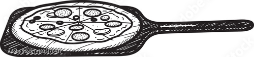 Hand drawn pizza on a wooden paddle with sliced portion