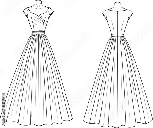 Elegant formal gown technical fashion illustration front and back view with pleated skirt, fitted bodice, short sleeves and zipper closure