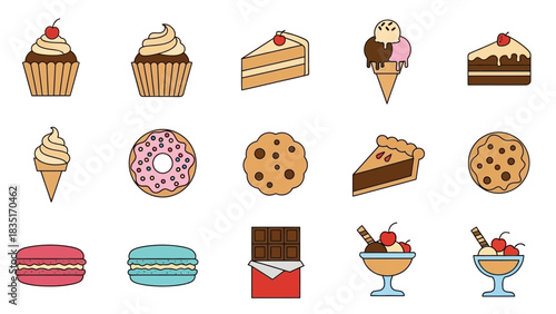 Collection of Various Sweet Treats Illustrated in a Flat Design Style on White Backdrop