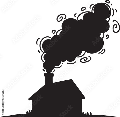 House Silhouette with Smoke Coming from Chimney Cartoon Vector Illustration