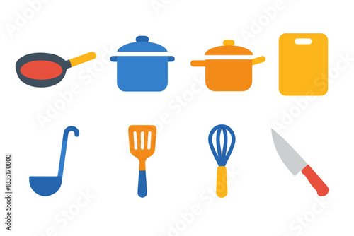 Kitchen utensils and cookware flat icons set