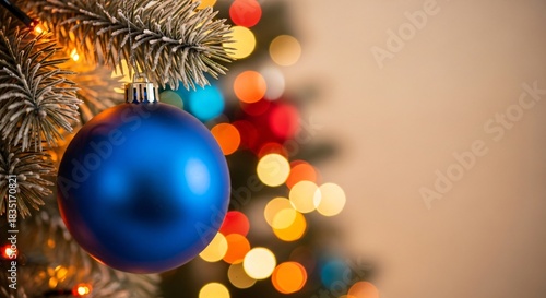 Festive Christmas tree branch with blue ornament and colorful holiday lights in warm bokeh background
