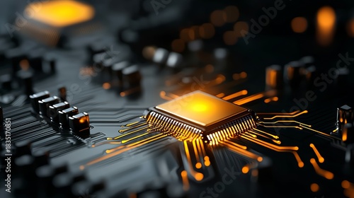 Technological Essence: a close-up image showing the core component of advanced technology, depicting a network of intricate circuits, and shining with the essence of modern innovation.