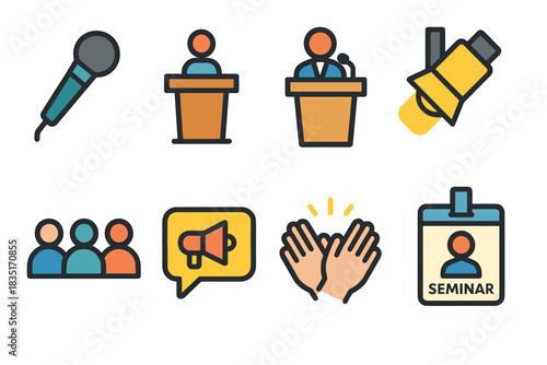 Public speaking and event flat icons set