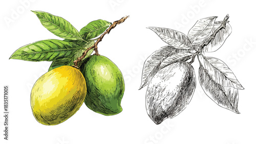 Vibrant Fruit and Man Drawing with Green Leaves for Artistic Projects