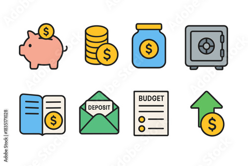 Financial savings and budgeting flat icons set
