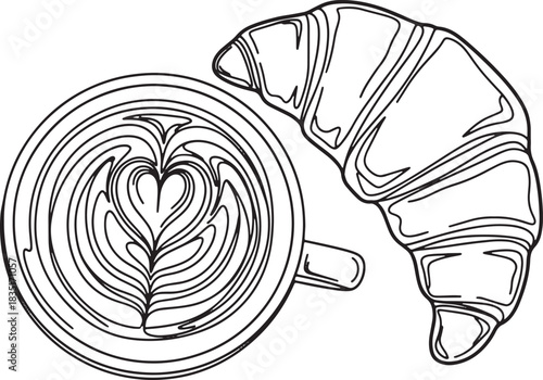 Latte art and croissant line art illustration for breakfast time