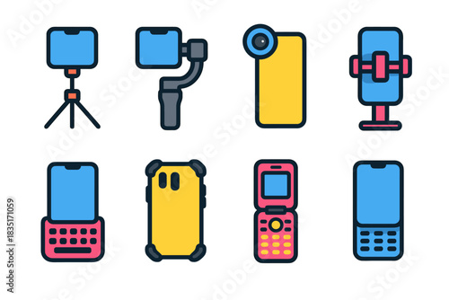 Mobile phone gadgets and accessories icons set