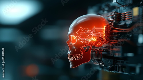 Digital Skull in Cyber World: A futuristic skull constructed from cutting-edge technology, its interior illuminated by a vibrant, pulsating red glow.