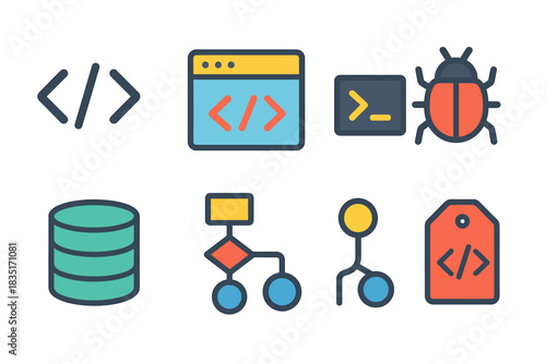 Programming and software development flat icons set