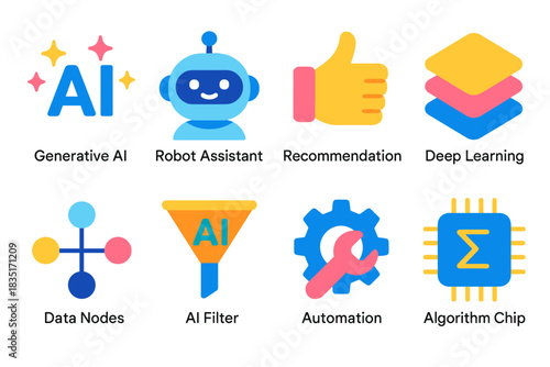 Artificial intelligence and technology colorful icons set