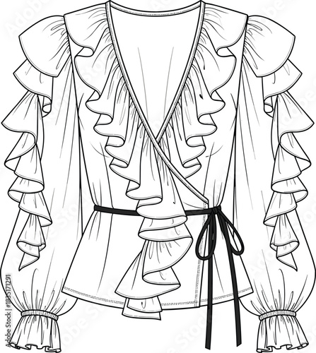 Elegant ruffled wrap blouse fashion illustration with voluminous sleeves, deep V-neckline, belt tie waist, and cascading layered details