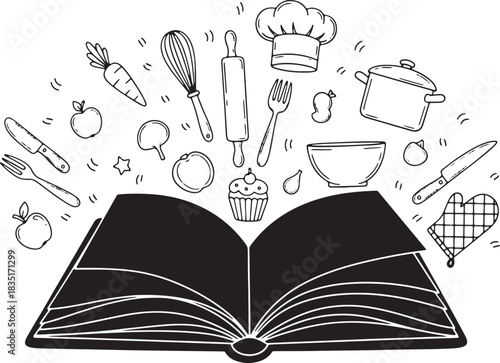 Open Cookbook with Cooking Tools Utensils and Food Doodle Art Illustration