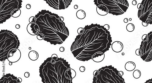 Seamless Pattern of Black and White Lettuce with Water Droplets
