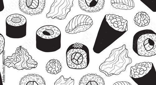Seamless pattern of different types of sushi with black outline